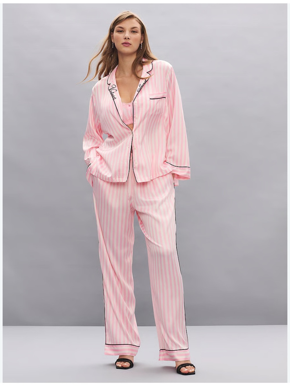 Victoria's Secret Pink Striped Satin Pajama Set with Contrast Trim